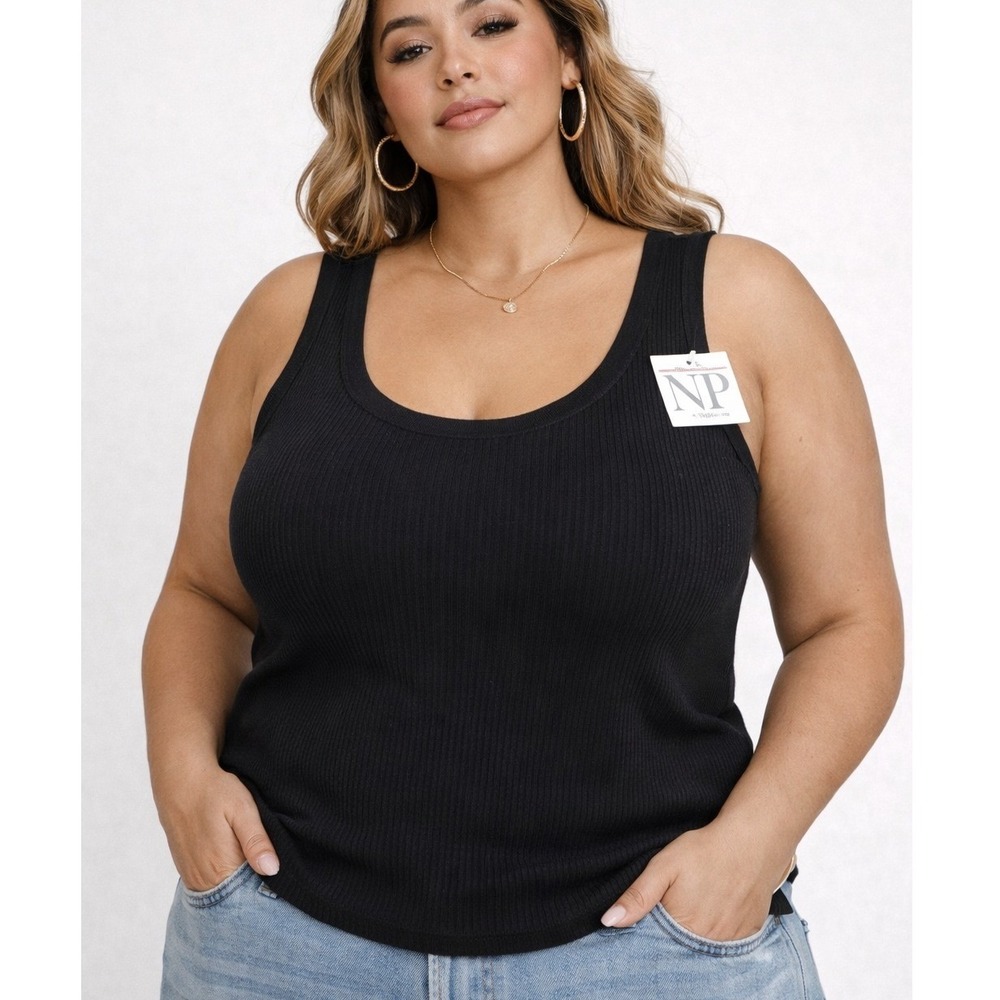 Nina Parker Tank Top Black Ribbed Knit Sleeveless Casual Scoop Neck 2X‎